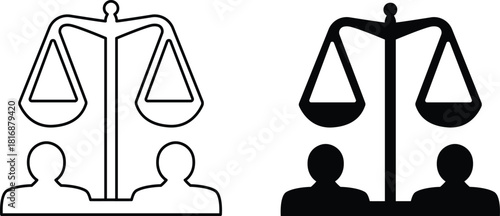 Balance scales of justice are shown above two human figures symbolizing law fairness and equality, an outline and a solid silhouette version vector