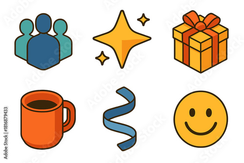 Team Spirit Icons. Team Spirit flat icon set : group silhouette, sparkling star, wrapped present, coffee mug, ribbon swirl, smiley face