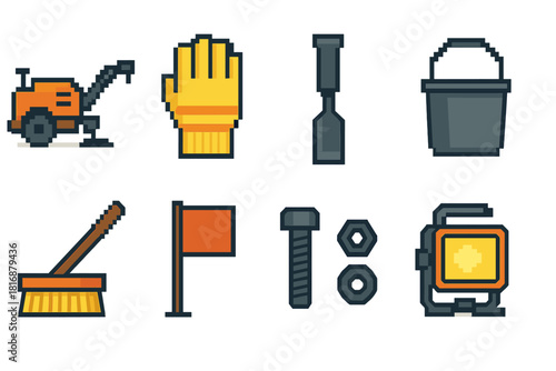 Urban Maintenance Icons. Urban Maintenance Gear pixel style icon set: pavement patcher, reflective glove, brick chisel, utility bucket, sidewalk brush, marker flag, bolt kit, work