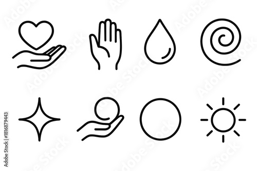 Compassion Icons Collection. Compassion Flow linear icon set: shared heart, calm palm, reflective droplet, soothing swirl, warm spark, caring curve, peaceful circle, gentle light