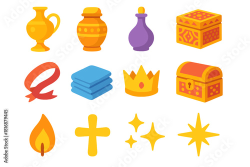 Regal Gift Icon Set. Kings’ Offerings flat icons set. gold vessel, frankincense jar, myrrh bottle, ornate box, ribbon, folded cloth, crown, jeweled chest, candle flame, cross