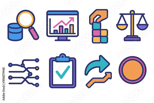 Modern Research Icons. Research Methods Actions flat icon set: gather data icon, analyze chart, categorize blocks, evaluate scale, synthesize lines, verify check, refine arrow