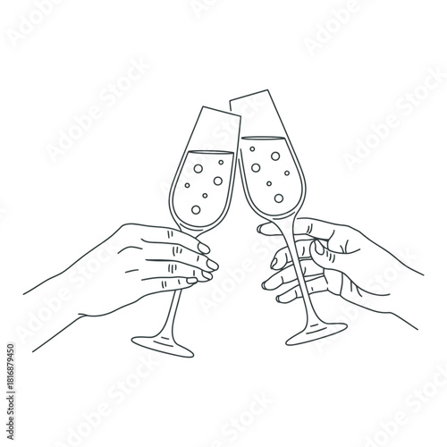 Outline illustration of two hands holding champagne flutes, clinking them in a toast to celebrate a special occasion. Vector