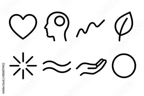 Life Emotions Icons. Life Milestones Emotions linear icon set: joy heart, reflection bubble, resilience curve, gratitude leaf, excitement burst, calm wave, support hand, clarity