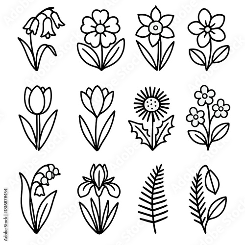 Spring Flora Icons. Spring Meadow Blooms linear icon set. bluebell, primrose, daffodil, violet, tulip, crocus, dandelion, forget-me-not, lily of the valley, wild iris, fern frond