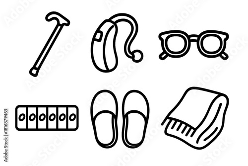 Daily Support Icons. Daily Support linear icon set. walking cane, hearing aid, reading glasses, pill organizer, slippers, cozy blanket