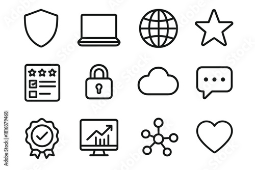 Digital Security Icons. Digital Reputation linear icon set. shield, laptop, globe, star icon, rating form, lock symbol, cloud, chat bubble, verified badge, analytics screen