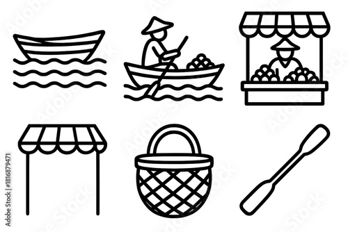 Floating Market Icons. Market Scene linear icon set: wooden boat, river, vendor, canopy, basket, paddle