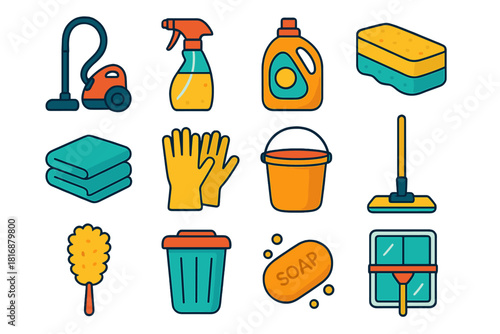 Cleaning Supplies Icons. Home Cleanup set flat icon set: vacuum, spray bottle, detergent, sponge, towel, gloves, bucket, mop, duster, trash bin, soap, window cleaner