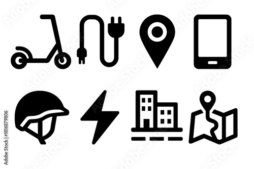 Bold Scooter Icons. Electric Scooters silhouette icon set. e-scooter, charger cable, GPS pin, smartphone, helmet, energy symbol, city street, map route