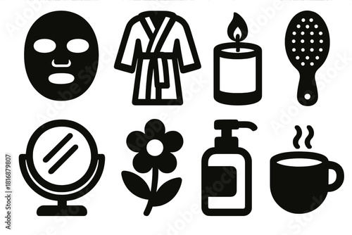 Brutalist Self-Care Icons. Wellness Self-Care Set silhouette icon set. face mask, bathrobe, candle, brush, mirror, flower, lotion, tea.