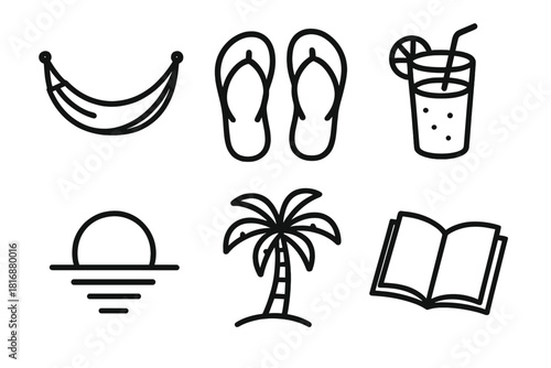 Tropical Icons Collection. Relaxed Journeys linear icon set. hammock, flip-flops, smoothie, sunset, palm tree, book