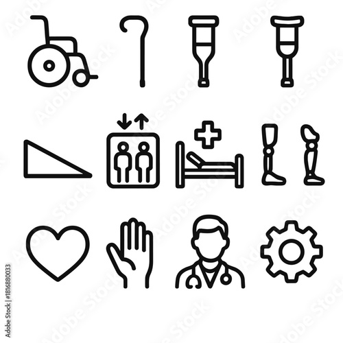 Accessibility Icons Collection. Accessibility Support linear icon set. wheelchair, cane, walker, crutch, ramp, elevator, hospital bed, prosthetic limb, heart, hand, doctor, gear