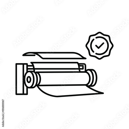 Line icon representing a printing press or laminator with a quality assurance checkmark seal, isolated on