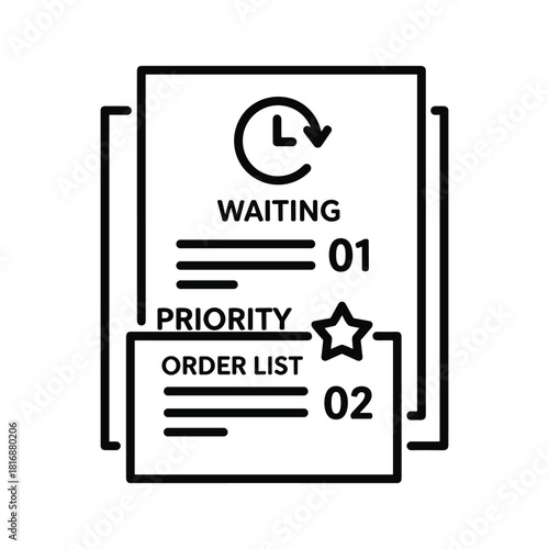 Black line icon representing a waiting list or order queue with priority item, isolated on
