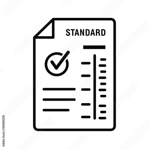 Black and white line icon representing a standard document with a checkmark, quality assurance, and rating scale, isolated on