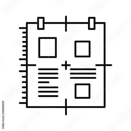 Black and white line icon representing a design framework or blueprint with crosshairs and content blocks, isolated on