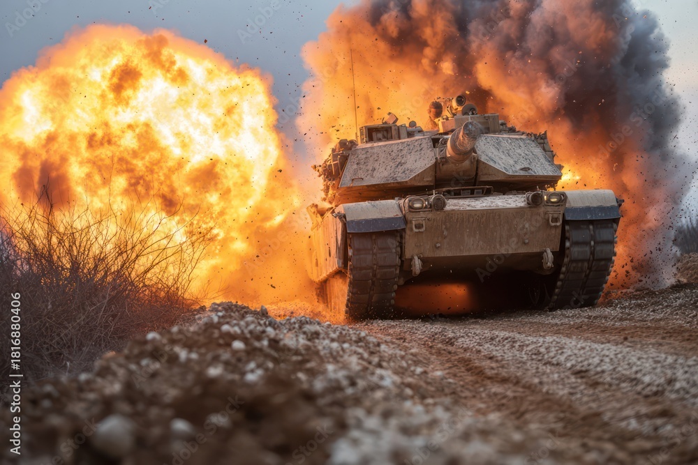 Obraz premium Heavy Tank in Motion During Field Training for Combat Readiness