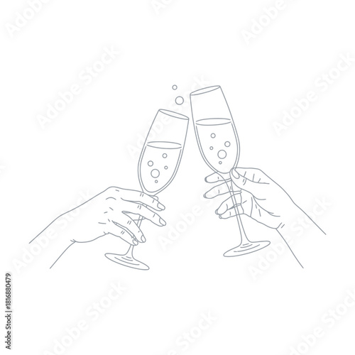 Minimalist line art illustration of two hands clinking champagne glasses in a toast, symbolizing celebration and festivity. Vector
