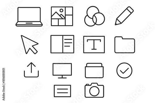 Digital Portfolio Icons. Digital portfolio design linear icon set: laptop, image grid, color palette, cursor, layout frame, pencil icon, upload arrow, text box, file folder
