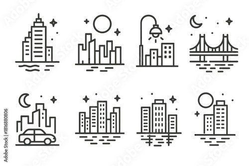 Nighttime Cityscape Outline. Night metropolis concept linear icon set: skyscraper, moon, streetlight, bridge, skyline, car, high-rise, reflection , balanced thin lines with night