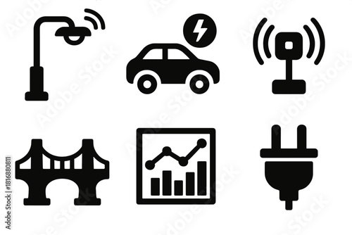 Urban Innovation Icons. Urban Innovation silhouette icon set: smart streetlight, electric car, sensor, bridge, data chart, plug