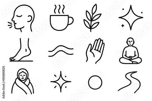 Mindful Icon Set. Mindful Daily Life Set linear icon set: calm breath icon, warm cup silhouette, leafy branch, soft spark, grounding step, slow flow line, mindful hand, inner peace