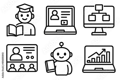 Digital Education Icons. Education AI linear icon set: digital tutor, e-learning platform, adaptive course path, progress graph, study assistant, online classroom