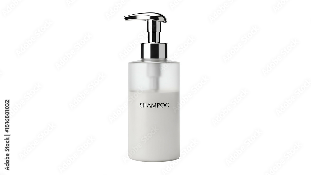 Fototapeta premium A transparent bottle with a silver pump containing shampoo, isolated on black