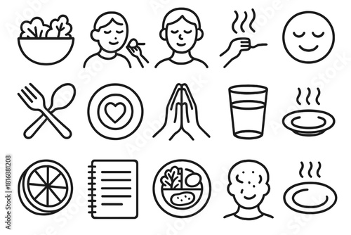 Mindful Eating Icons. Mindful Eating Basics linear icon set. bowl of food, slow eating pose, mindful breath, closed eyes smile, fork and spoon, heart and plate symbol, gratitude