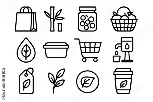 Eco Shopping Icons. Eco Retail Choices linear icon set: paper bag, bamboo product, zero waste jar, fruit basket, organic label, reusable container, eco logo, shopping cart, refill