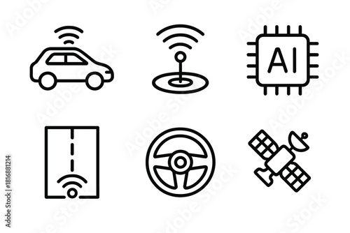 Autonomous Technology Icons. Autonomous Systems linear icon set: self-driving car, radar, AI chip, lane sensor, steering wheel, satellite