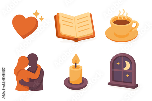 Soulful Icon Set. Soulful Memories flat icon set : heart with sparkles, open journal, cup on saucer, silhouette embrace, flickering candle, moonlit window