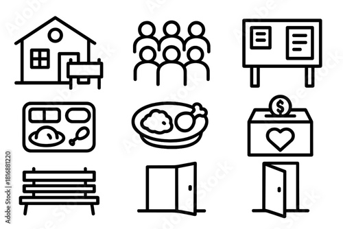 Labor Day Community Icons. Labor Day Collective Support Community linear icon set: community center, gathering crowd, welcome sign, bulletin board, meal tray, donation box, park