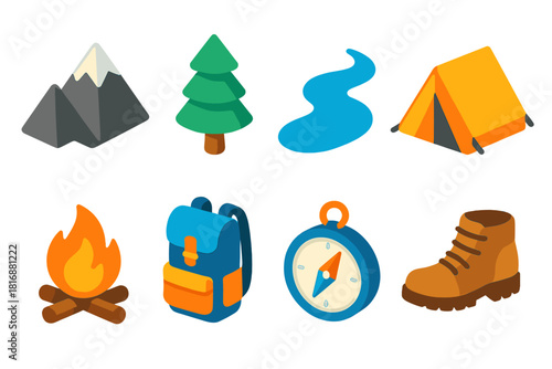 Isometric Wilderness Icons. Wilderness Adventure flat icon set: mountain peak, pine tree, river, tent, campfire, backpack, compass, boots
