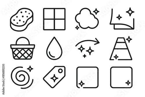 Clean Environment Icons. Clean Environment Kit linear icon set: soft sponge icon, neat placement tile, clear-air puff, polished surface glow, organized basket symbol, rinse droplet
