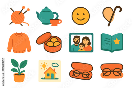 Warm Home Vibes. Everyday Love flat icon set: knitting needles, wool ball, tea set, smile, walking stick, warm sweater, biscuit tin, family photo, storybook, potted plant, child’s