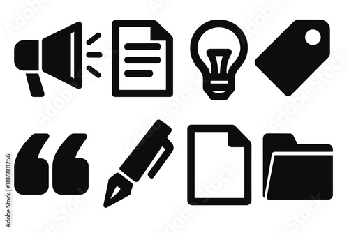 Brutalist Icon Set. Ad Copy Set silhouette icon set: megaphone, document, light bulb, tag, quotation mark, pen, paper, folder