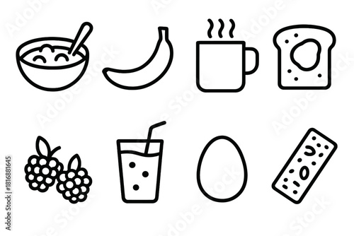 Breakfast Icon Selection. Healthy Breakfast Ideas linear icon set. oatmeal bowl, banana, coffee mug, toast, berries, smoothie, egg, granola bar