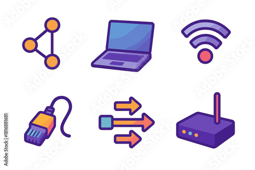 Isometric Network Icons. Virtual Network flat icons set. connection nodes, laptop, signal, cable, router, data flow