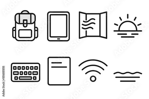 Digital Nomad Essentials. Work-From-Anywhere linear icon set: travel pack, tablet frame, breezy window, sunrise arc, portable keyboard, note card, wireless signal, calm horizon