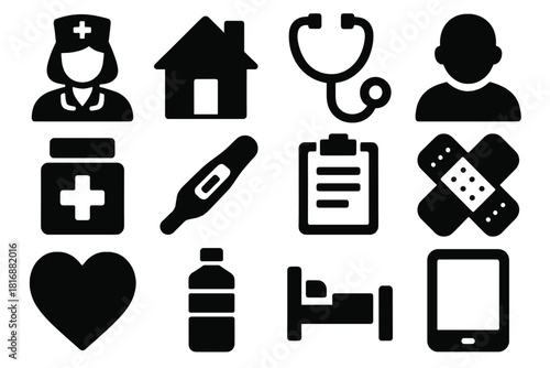Brutalist Healthcare Icons. Home Healthcare silhouette icon set. nurse, house, stethoscope, patient, medicine box, thermometer, clipboard, bandage, heart, water bottle, bed, tablet