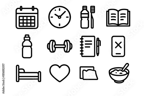 Daily Habits Icons. Daily Habits linear icon set. calendar, clock, toothbrush, water bottle, dumbbell, book, bed, heart, notepad, pen, phone off, meal bowl