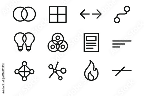 Research Models Icons. Cross-Field Research Models Icons linear icon set: domain overlap circles, comparative matrix, bridging arrows, concept fusion icon, multi-field lens