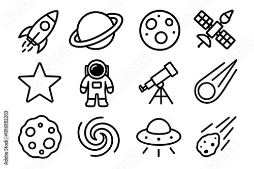 Space Icons Collection. Outer Space linear icon set: rocket, planet, moon, satellite, star, astronaut, telescope, comet, asteroid, galaxy, UFO, meteor
