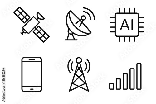 Tech Symbols Array. Smart Networks linear icon set. satellite, antenna, AI chip, smartphone, tower, signal bars