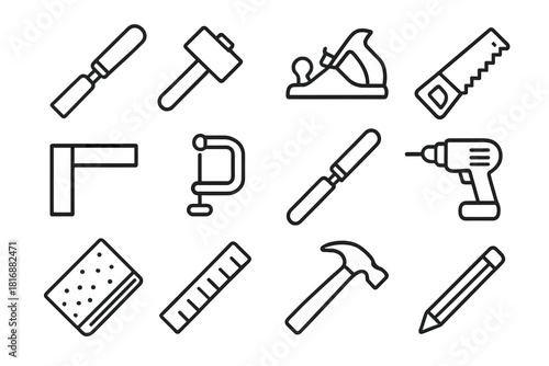 Woodworker's Tool Icons. Woodworker’s Toolbox linear icon set. chisel, mallet, plane, saw, square, clamp, file, drill, sandpaper, ruler, hammer, pencil. , .