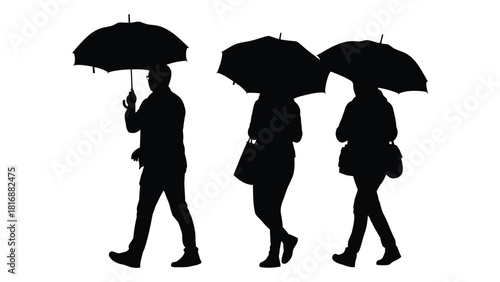 People walking with umbrellas silhouette isolated on white background, Vector