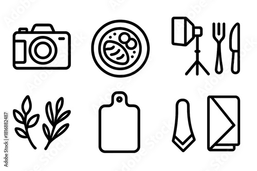 Gourmet Photography Icons. Gourmet Photography linear icon set: camera, plated meal, tripod, softbox light, utensils, napkin, herbs, cutting board