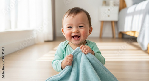 Baby playing peekaboo game in bright bedroom, childhood joy and family bonding